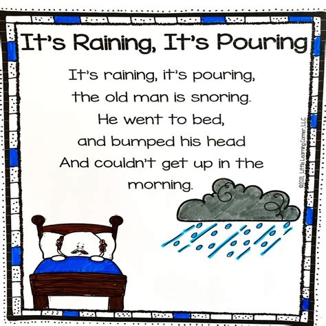 Its Raining Its Pouring Lyrics. It's raining; it's pouring. The old man is snoring. He went to bed and bumped his head, And didn't wake up the next morning. It's raining; it's …
